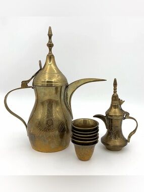 Vintage Middle Eastern Solid Brass 2 Teapot Set With 6 Brass Cups 8 Piece Lot